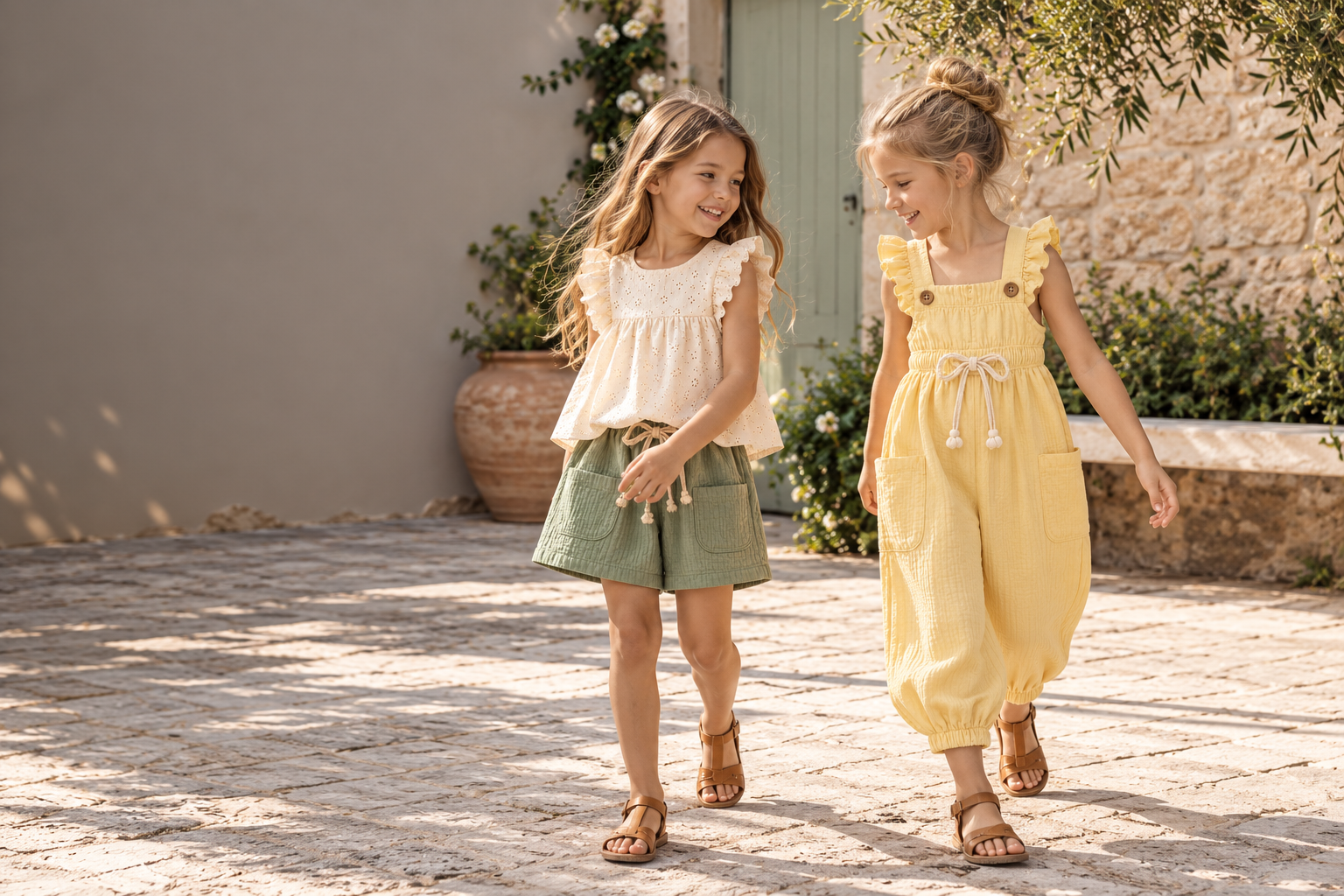 Two girls playing in HER clothing in a sunlit courtyard