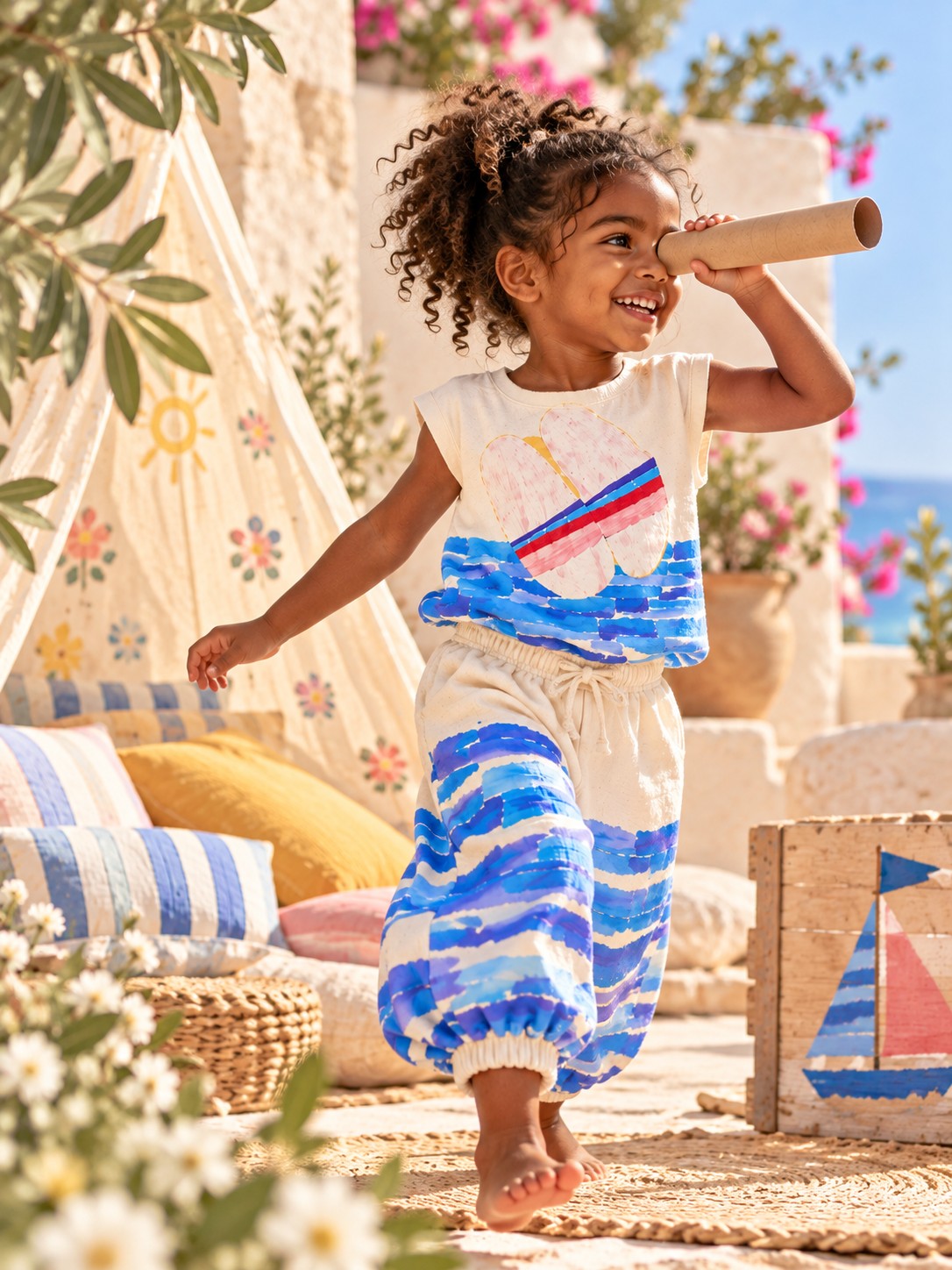 A happy little girl playing with a cardboard telescope in a sunny courtyard, wearing the HER outfit printed with the boat drawing